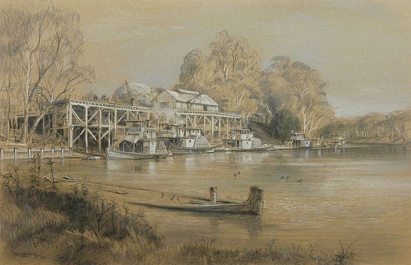 Echuca Wharf, Murray River pencil & pastel