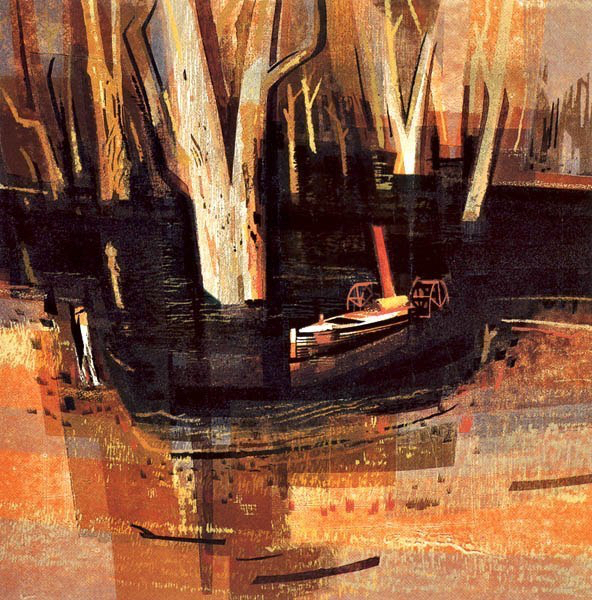 KJ Billabong with sunken Paddle Steamer multimedium, lino, stencil,woodut 27 plates!